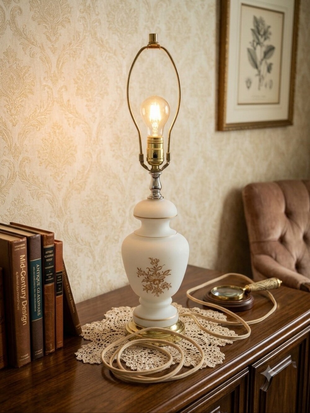 Vintage Frosted White Glass Table Lamp | Gold Floral Motif & Brass Base